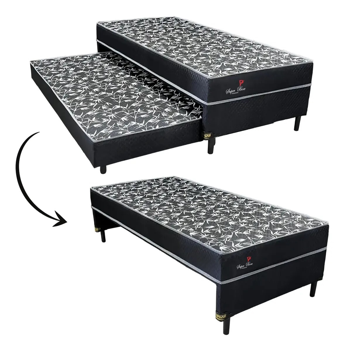 Cama Box Solteiro Com Auxiliar Conjugada — cama auxiliar deslizando para fora